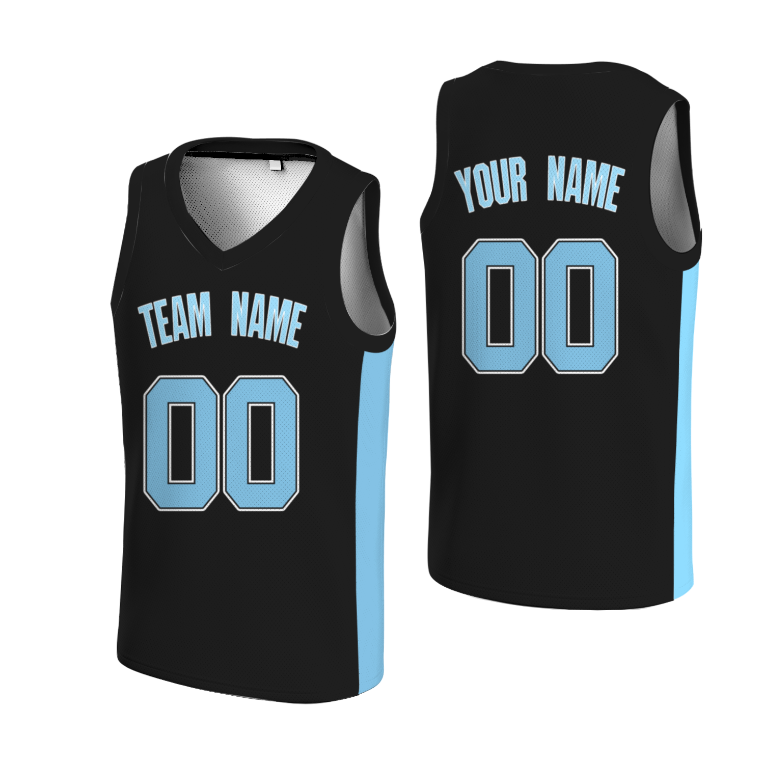 Custom Black Sky Blue-Black Two Tone V-Neck Basketball Jersey