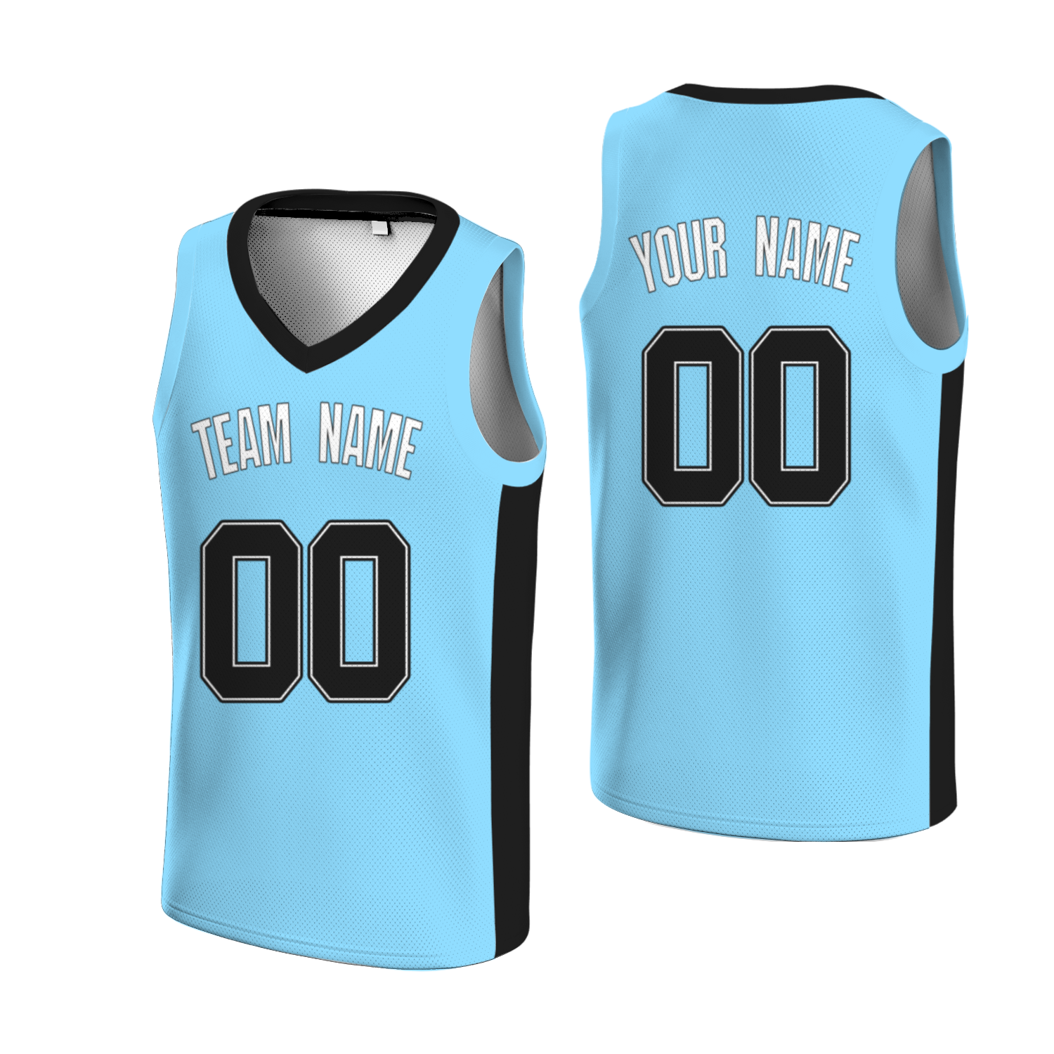 Custom Black Sky Blue-Black Two Tone V-Neck Basketball Jersey