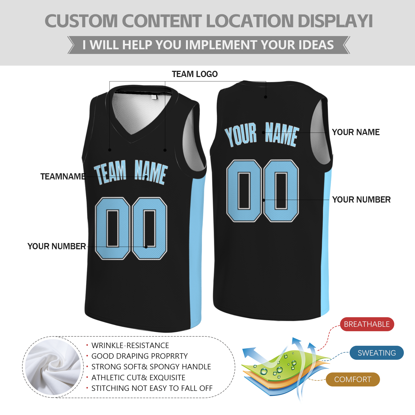 Custom Black Sky Blue-Black Two Tone V-Neck Basketball Jersey