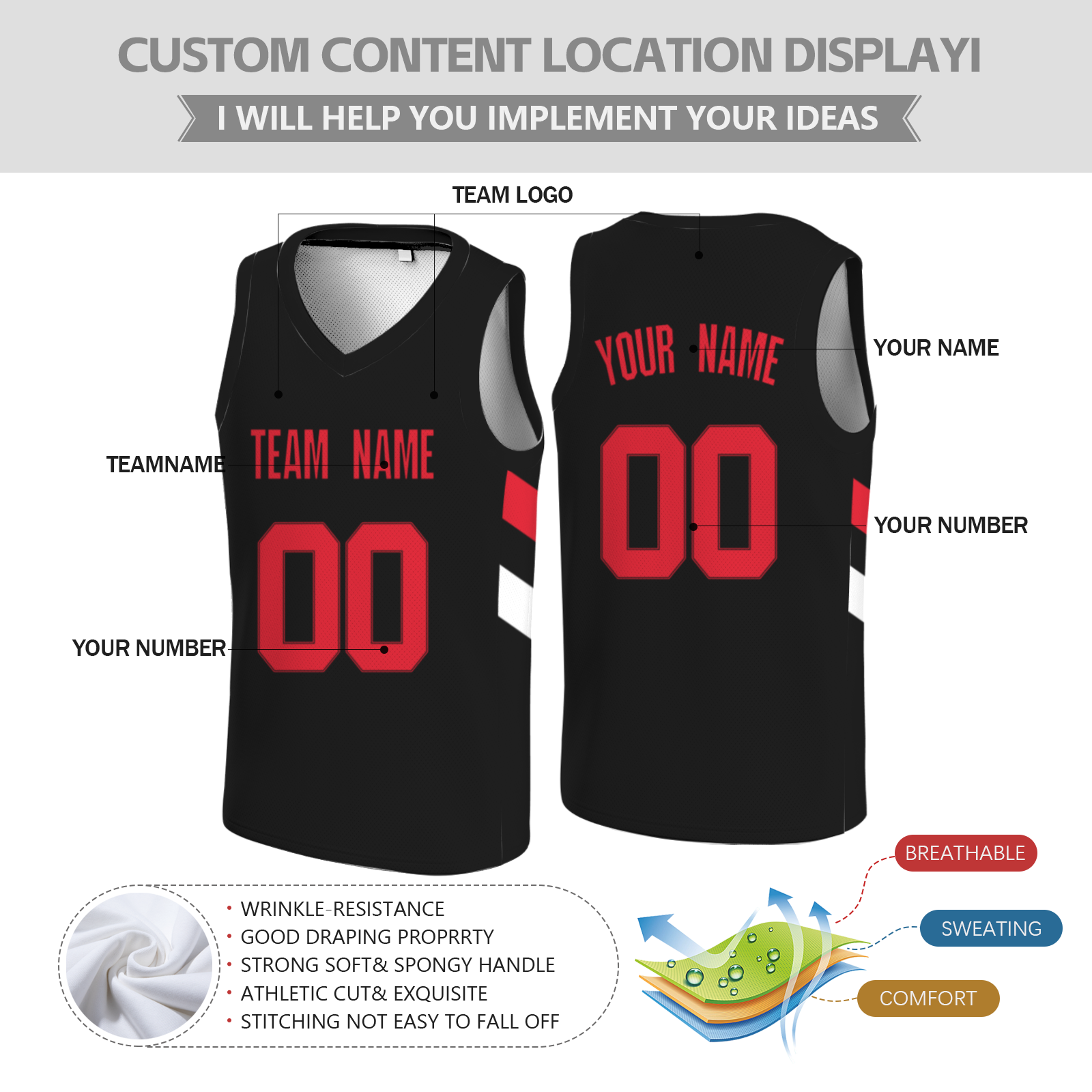 Custom Black Red-Black Authentic V-Neck Basketball Jersey