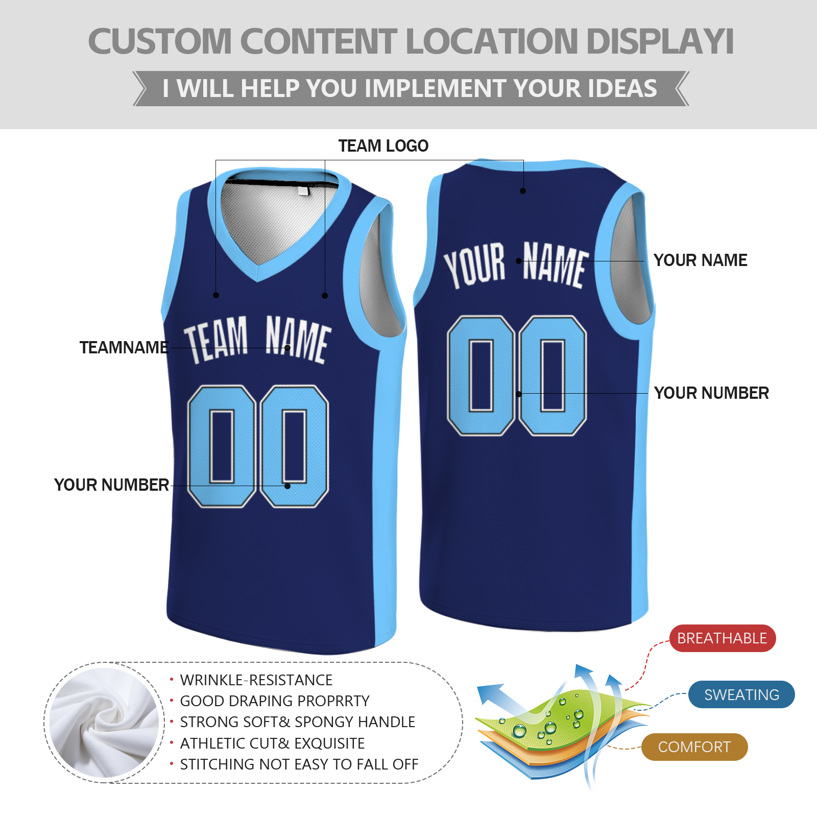 Custom Black Sky Blue-Black Two Tone V-Neck Basketball Jersey