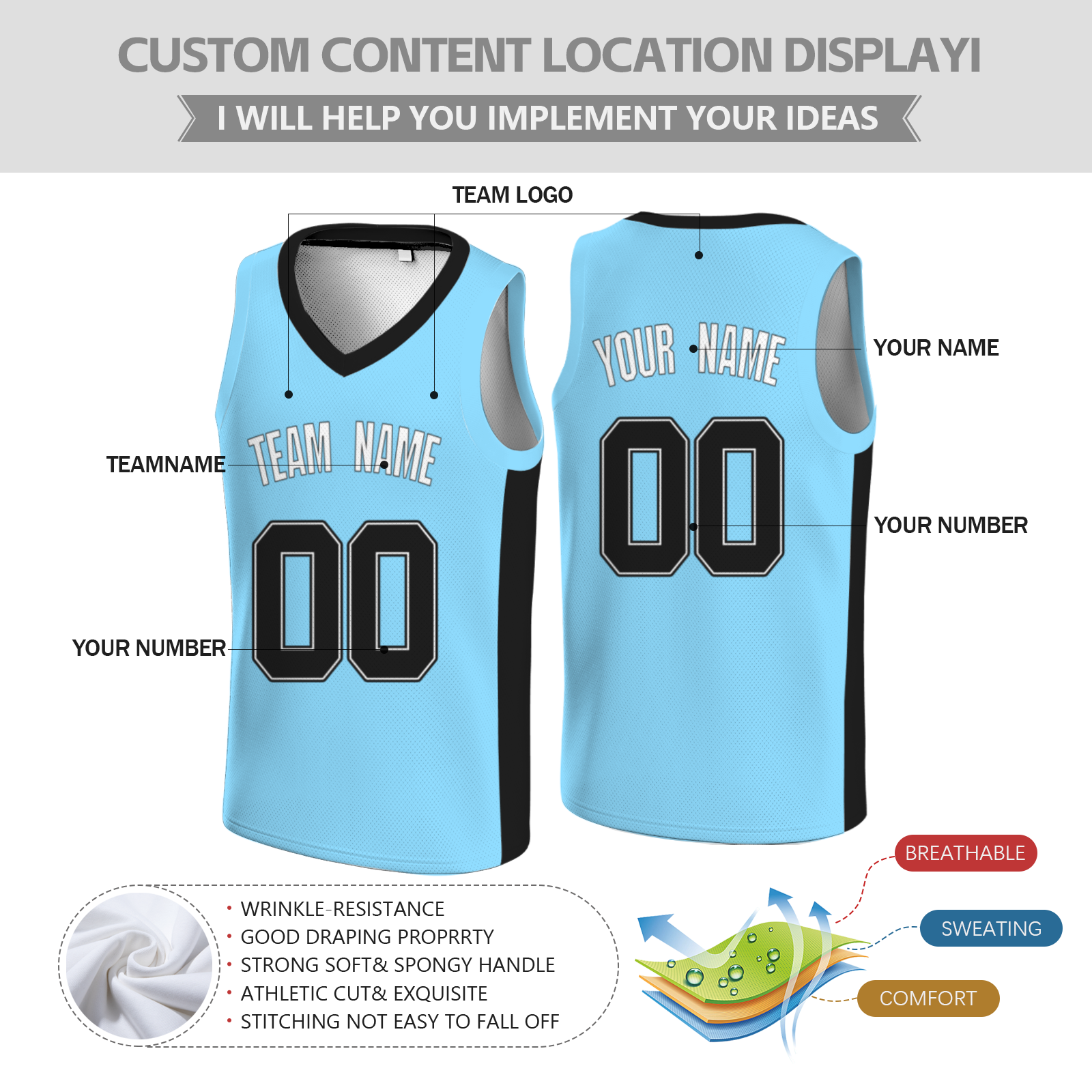 Custom Black Sky Blue-Black Two Tone V-Neck Basketball Jersey