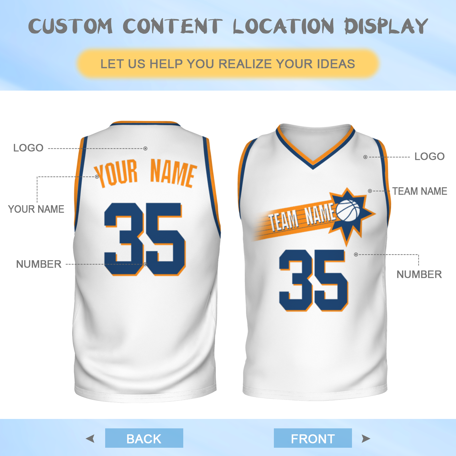 Custom White Dark Blue-Orange Authentic V-Neck Basketball Jersey