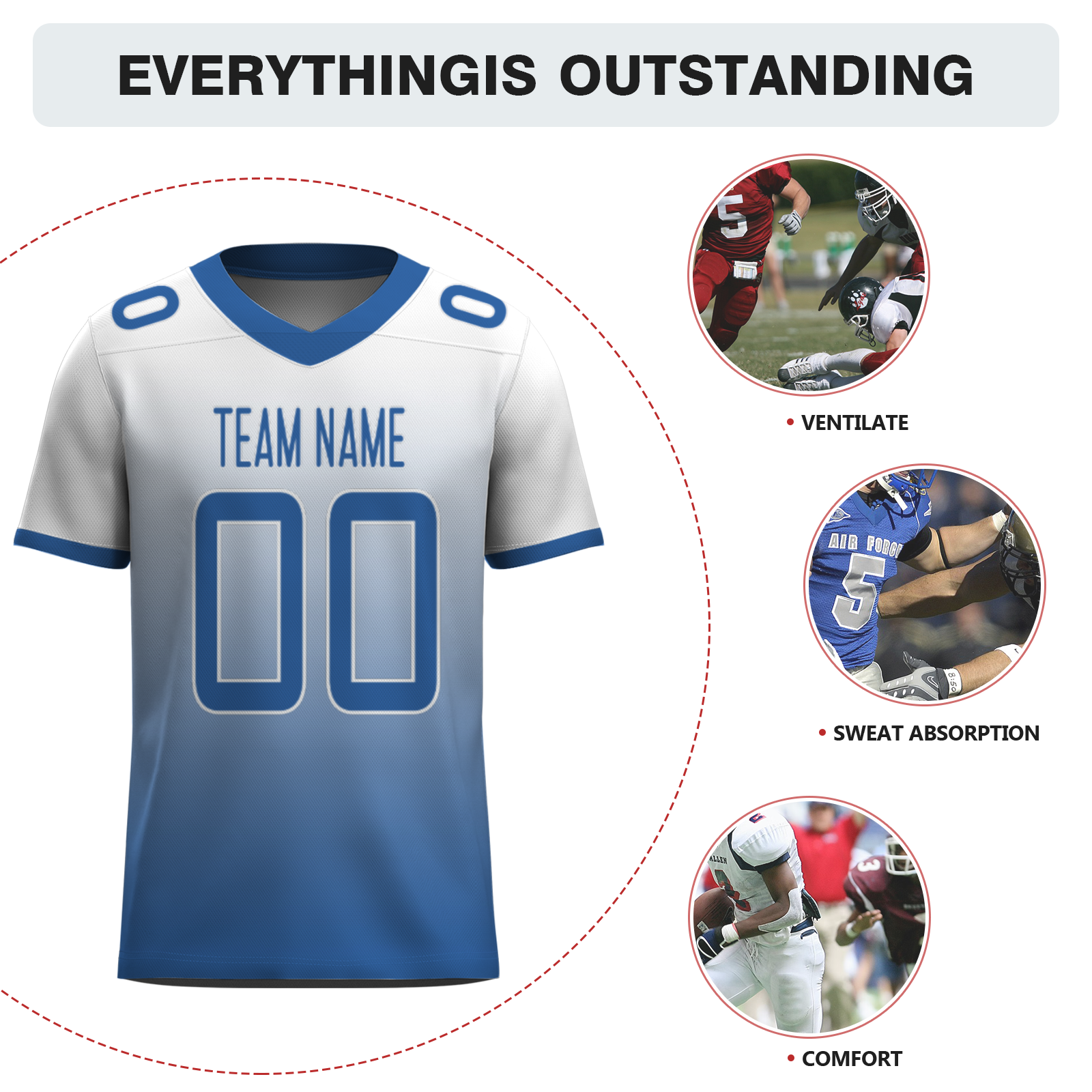 Custom White Blue Grey-White Authentic Fashion Football Jersey