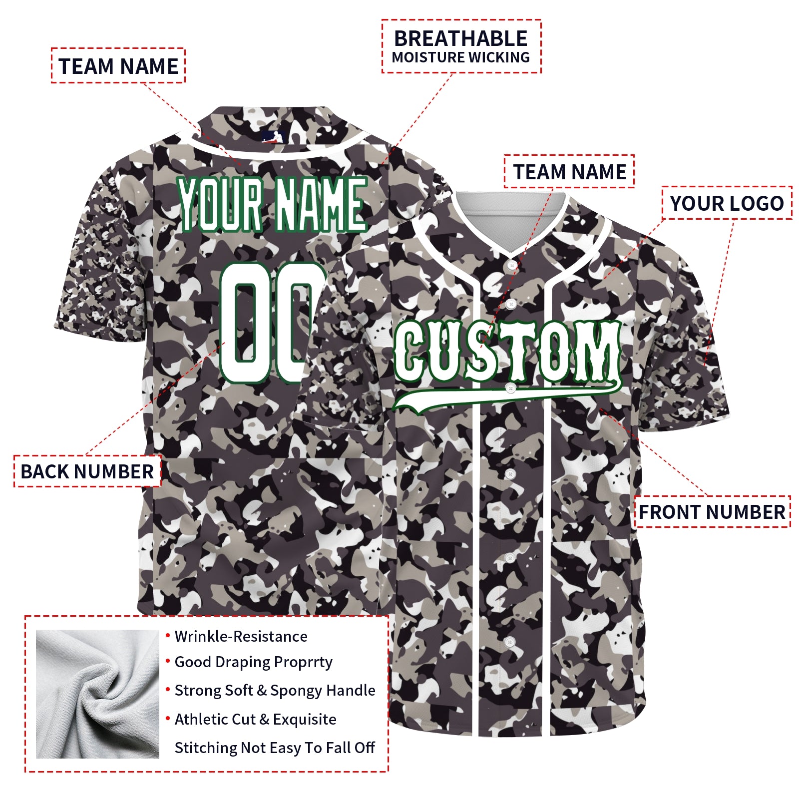 Custom Camouflage Color White-Green Authentic Baseball Jersey