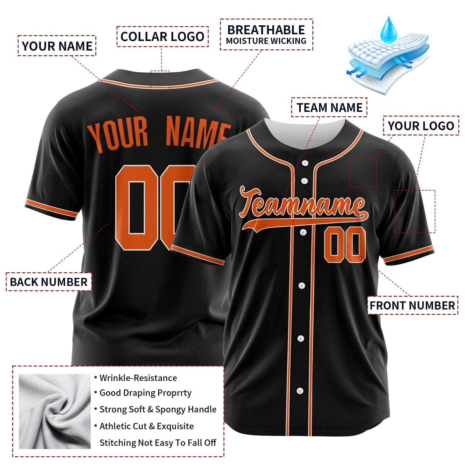 Custom Black Orange-White Authentic Baseball Jersey