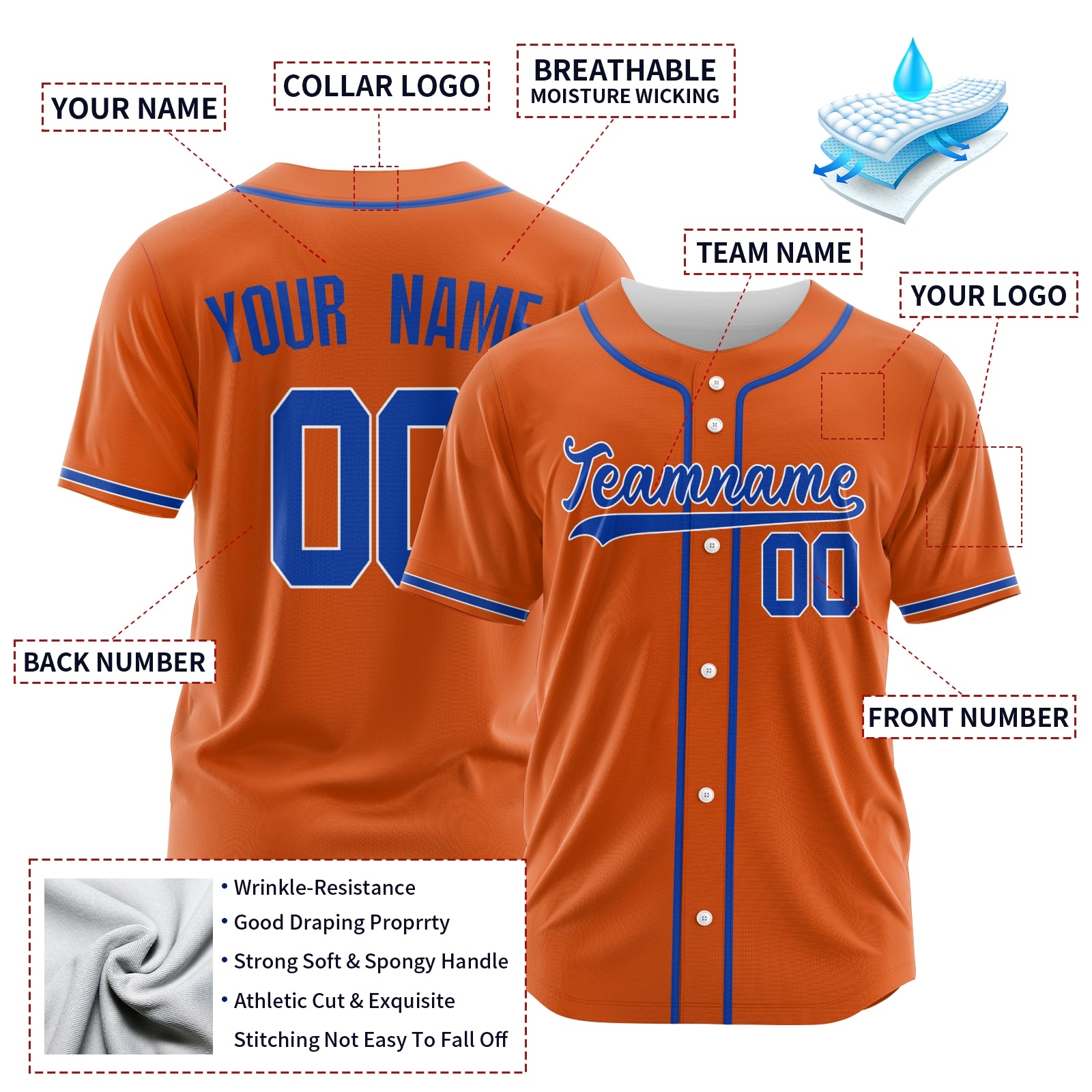 Custom Orange Blue-Red Authentic Baseball Jersey