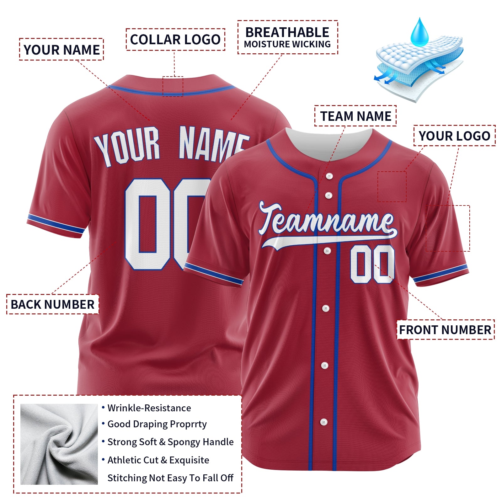 Custom Red Blue-White Authentic Baseball Jersey