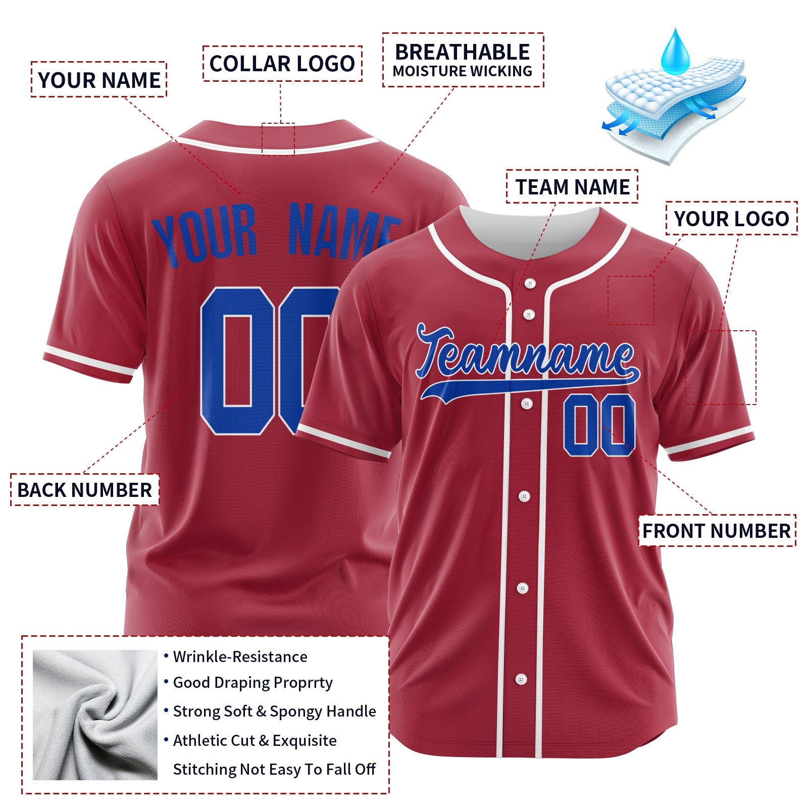 Custom Red Blue-White Authentic Baseball Jersey