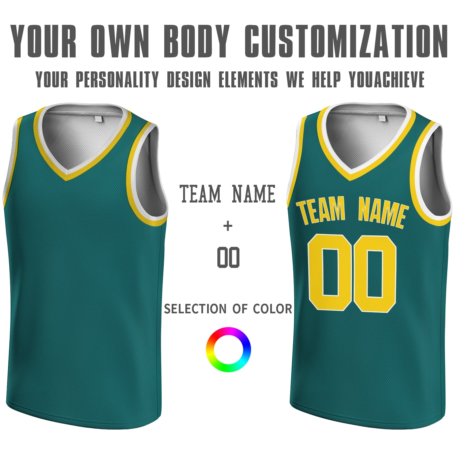 Custom  Blackish Green Yellow-White V-Neck Rib-Knit Basketball Jersey