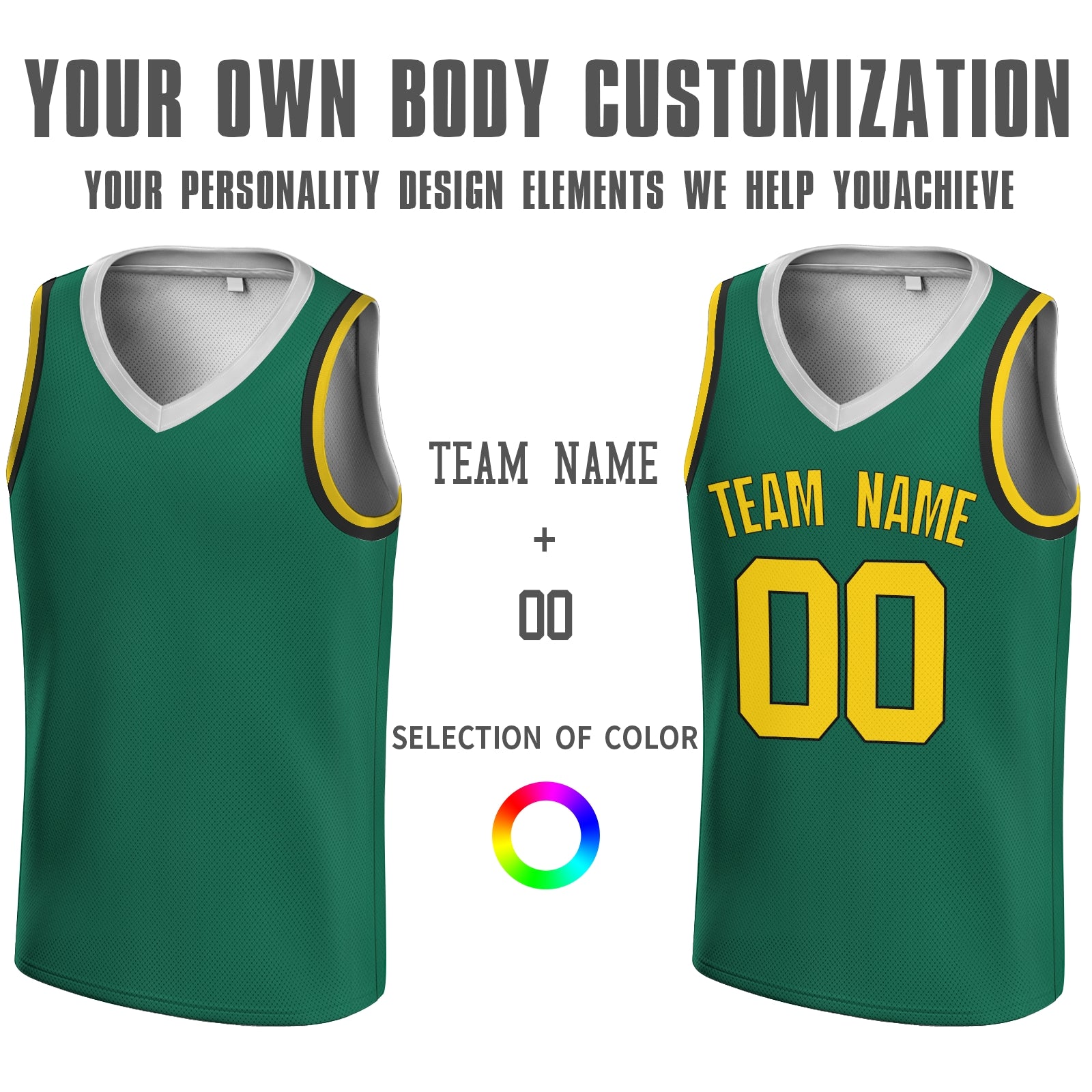 Custom  Blackish Green Yellow-White V-Neck Rib-Knit Basketball Jersey