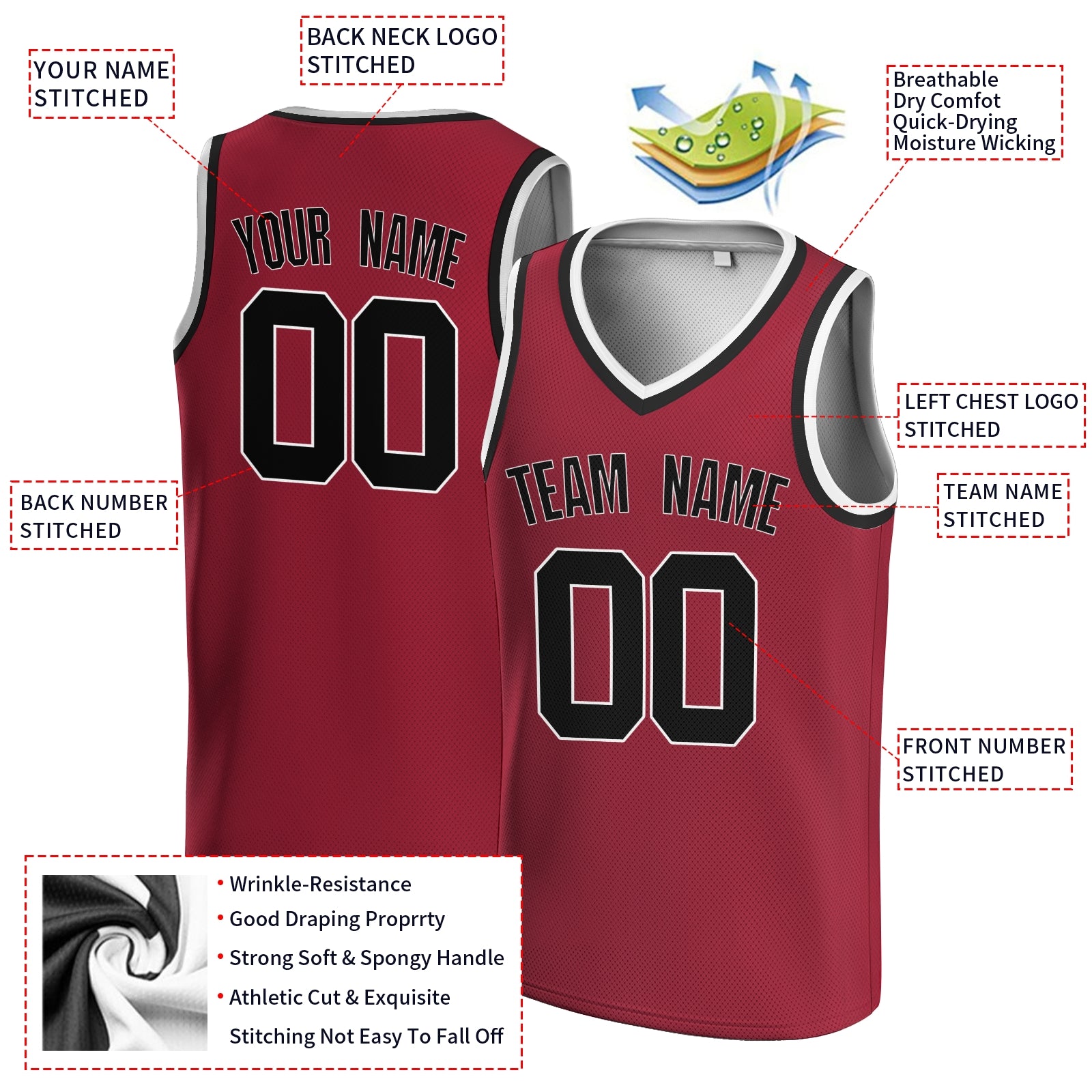 Custom Red Yellow-Black V-Neck Basketball Jersey