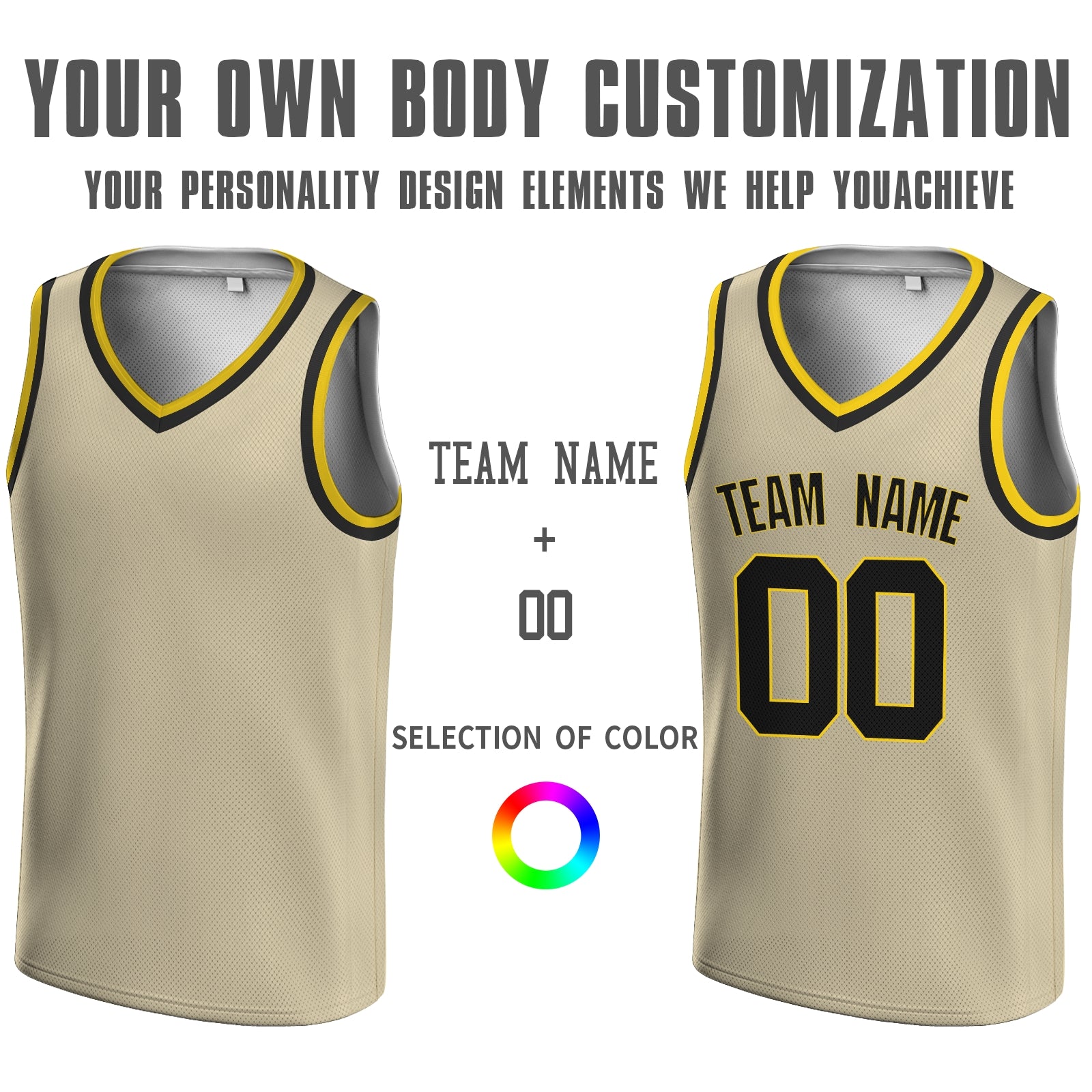 Custom Beige Black-Gold V-Neck Rib-Knit Basketball Jersey