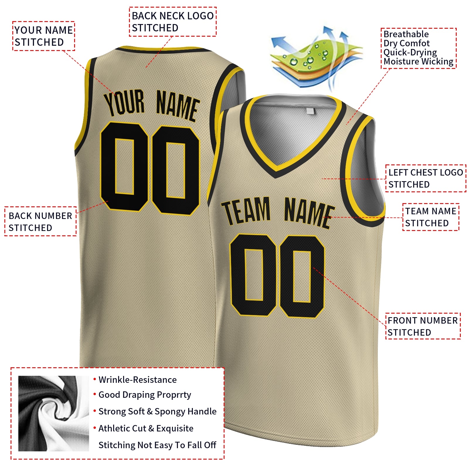 Custom Beige Black-Gold V-Neck Rib-Knit Basketball Jersey