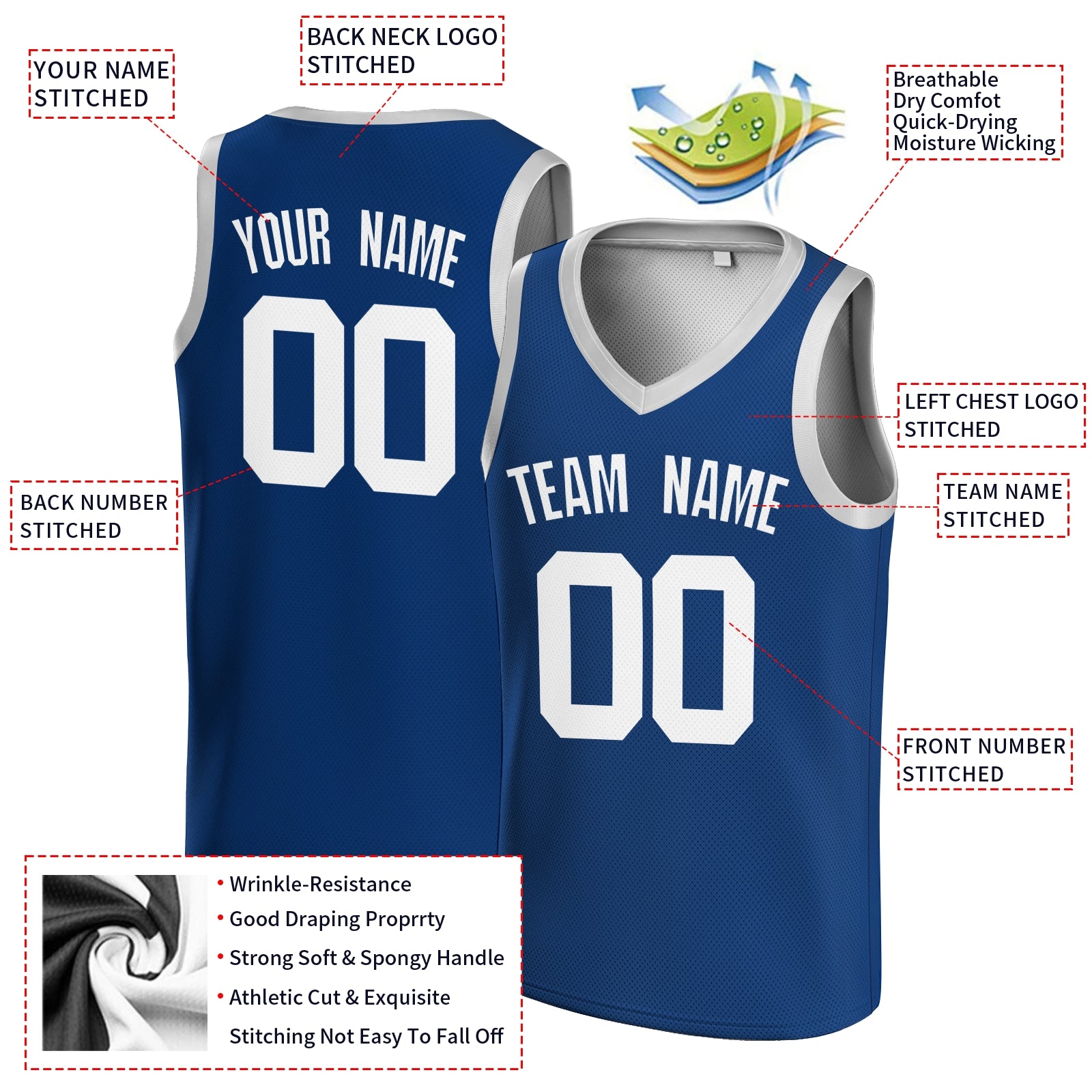 Custom Dark Blue Blue-White V-Neck Basketball Jersey