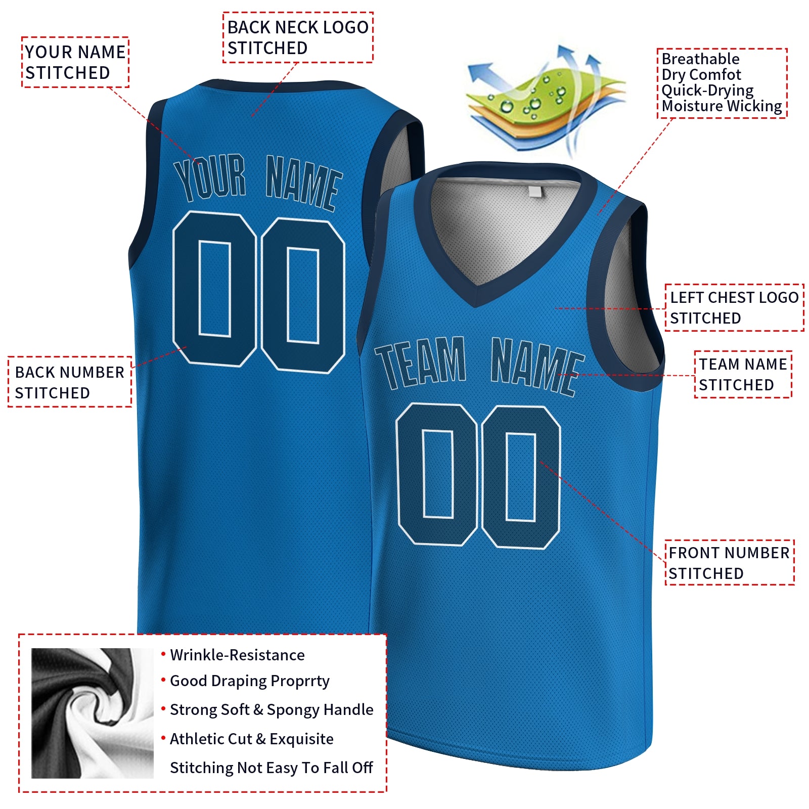 Custom Dark Blue Blue-White V-Neck Basketball Jersey