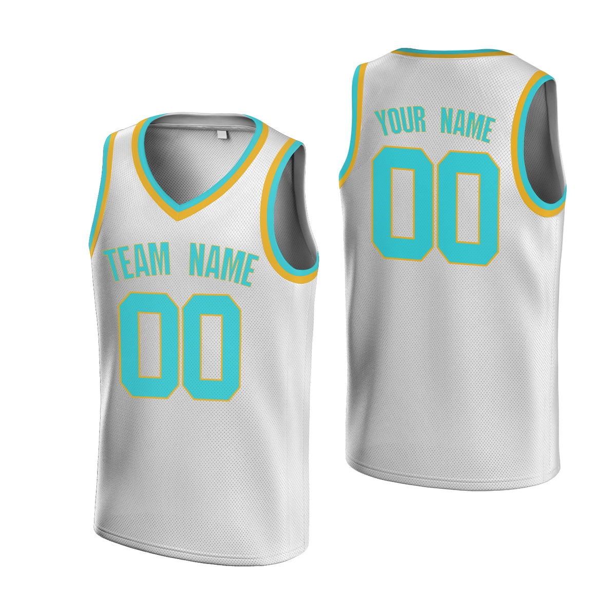 Custom White Blue-Old Gold V-Neck Rib-Knit Basketball Jersey