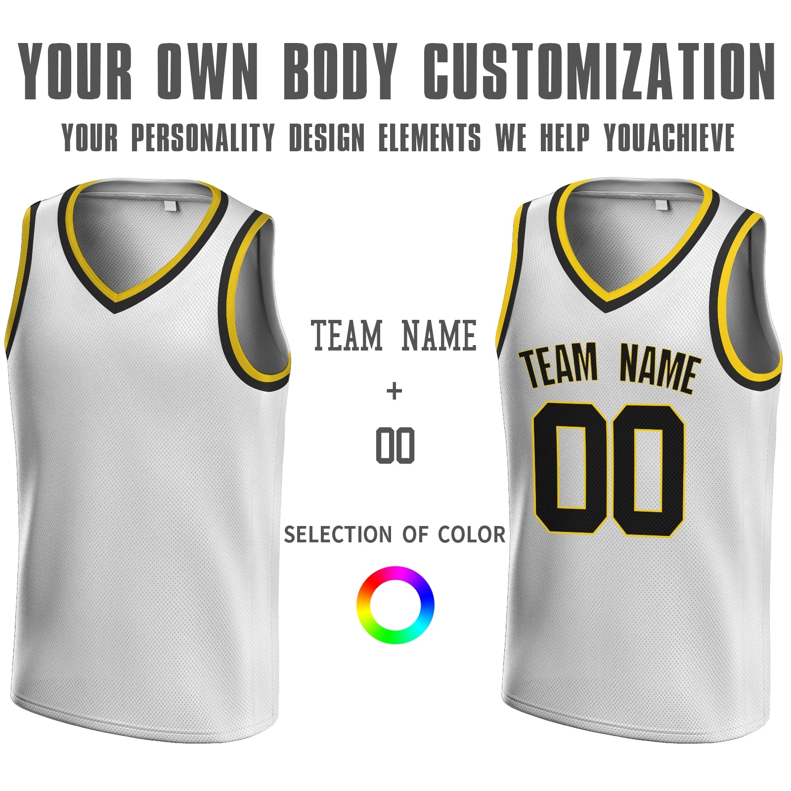 Custom White Blue-Old Gold V-Neck Rib-Knit Basketball Jersey