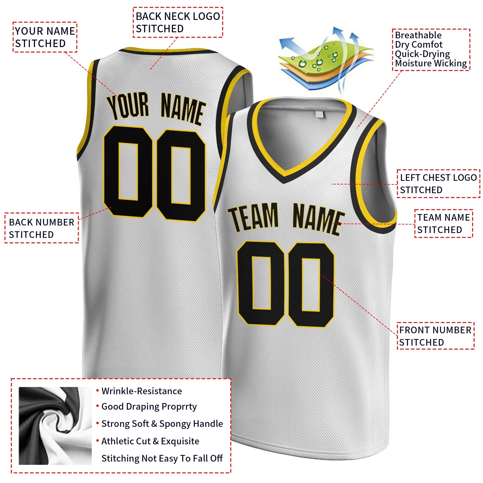 Custom White Blue-Old Gold V-Neck Rib-Knit Basketball Jersey