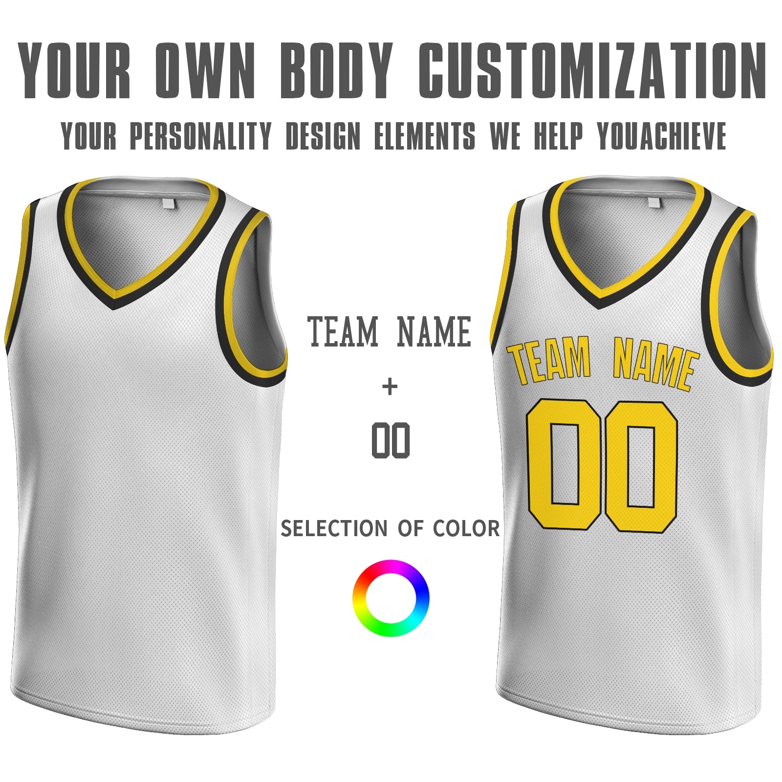 Custom White Blue-Old Gold V-Neck Rib-Knit Basketball Jersey