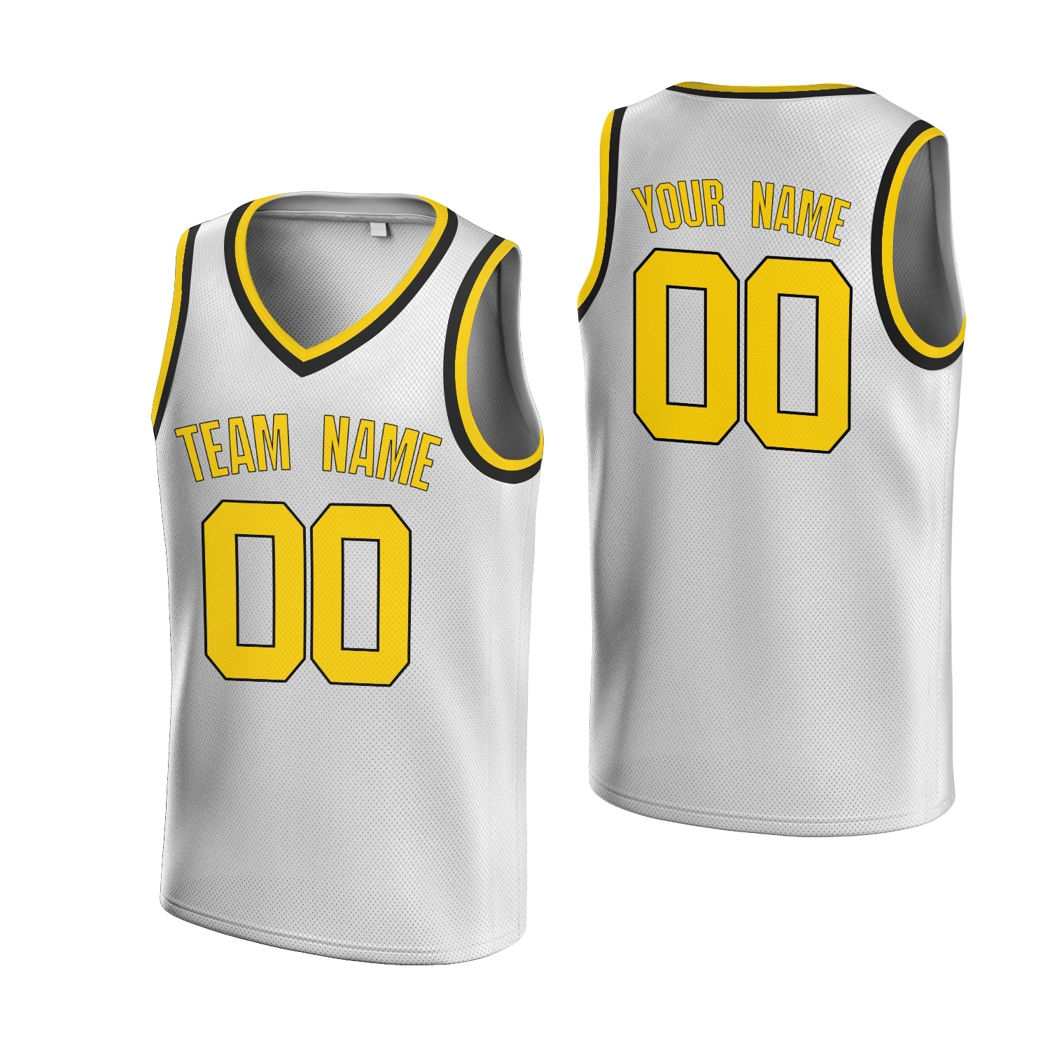 Custom White Blue-Old Gold V-Neck Rib-Knit Basketball Jersey