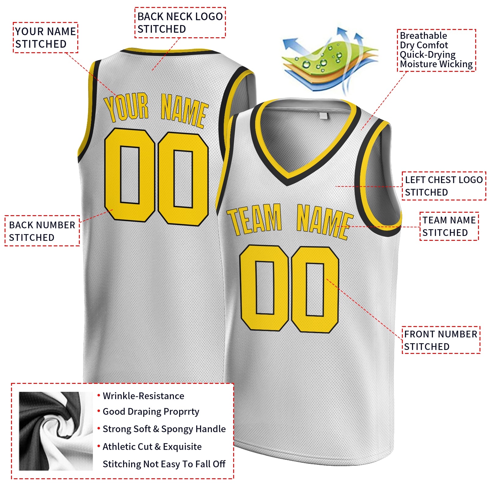 Custom White Blue-Old Gold V-Neck Rib-Knit Basketball Jersey