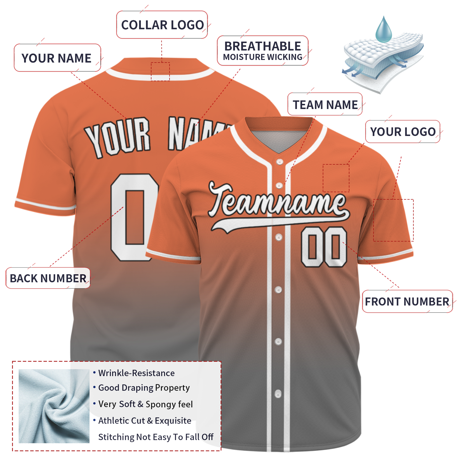 Custom Orange White-Black Authentic Fade Fashion Baseball Jersey