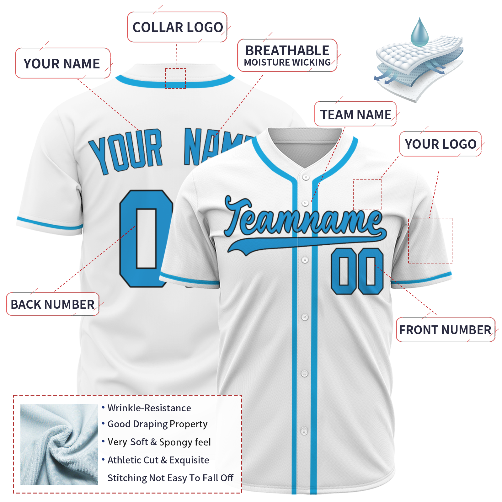 Custom White Light-Blue Authentic Baseball Jersey