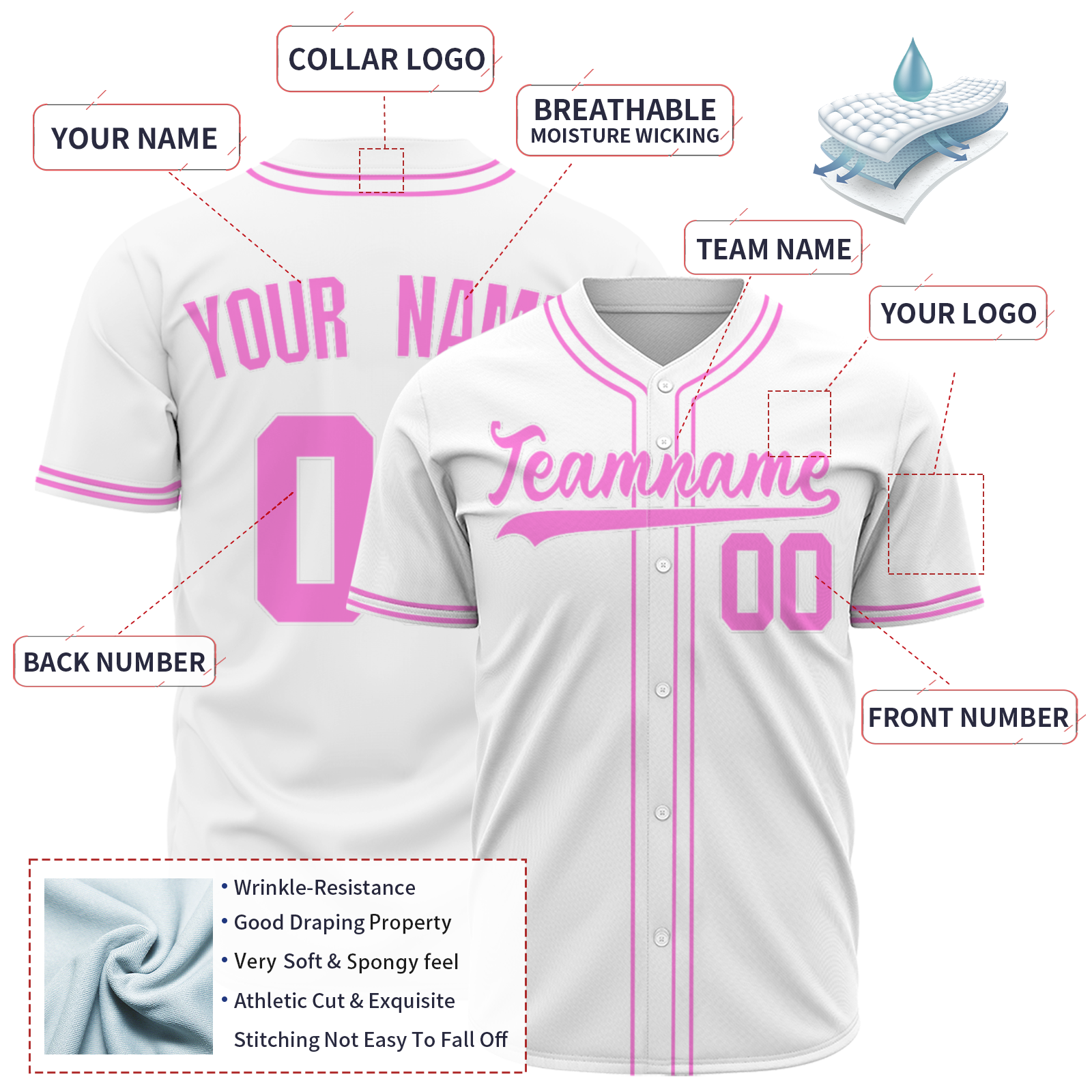 Custom White Pink-White Authentic Baseball Jersey