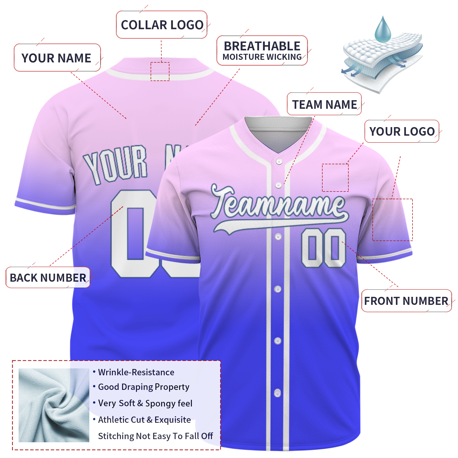 Custom Purple White-Blue Authentic Fade Fashion Baseball Jersey