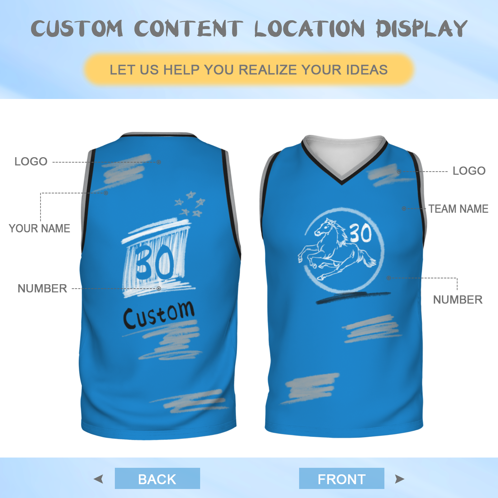 Custom Blue Chinese Painting Horse V-Neck Basketball Jersey