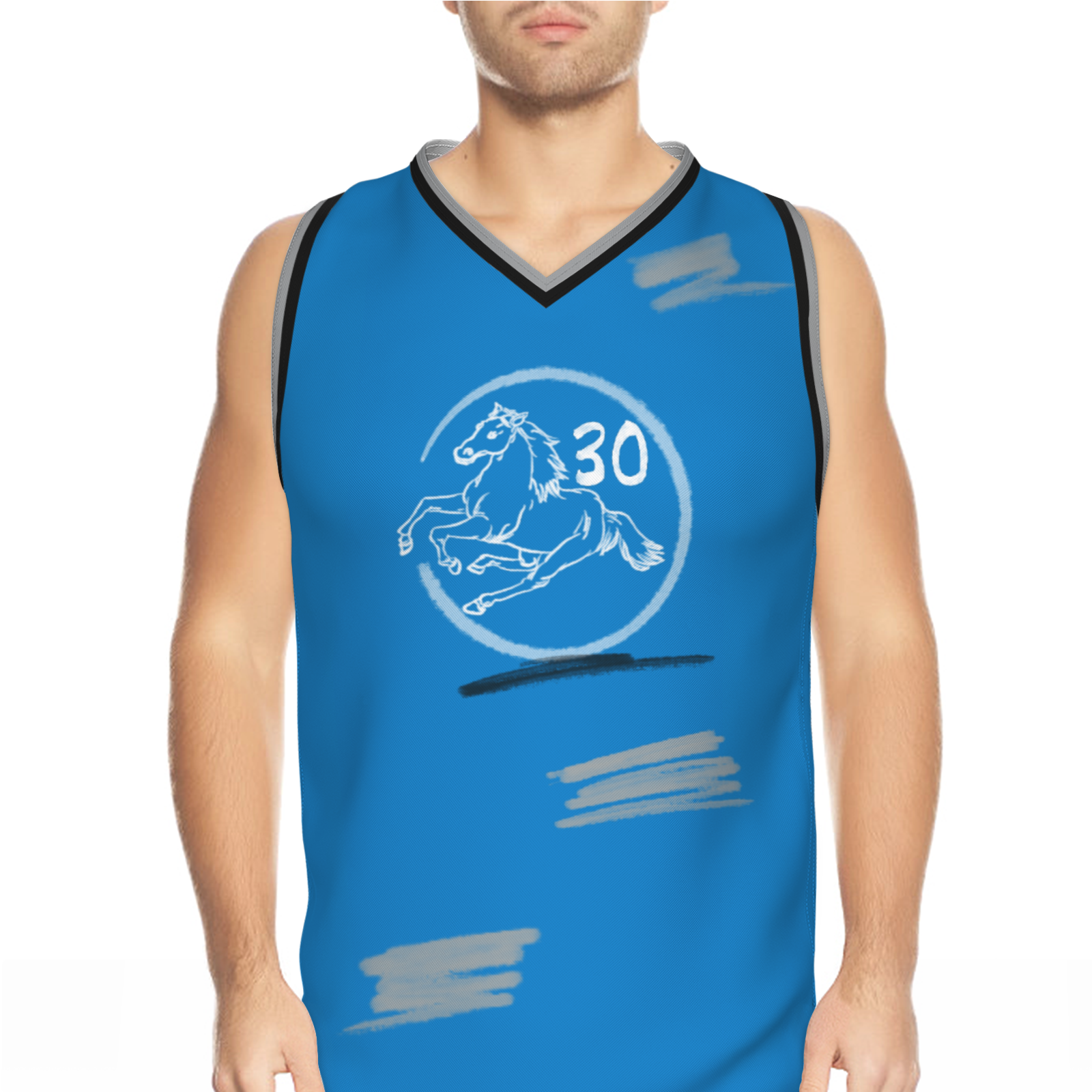 Custom Blue Chinese Painting Horse V-Neck Basketball Jersey