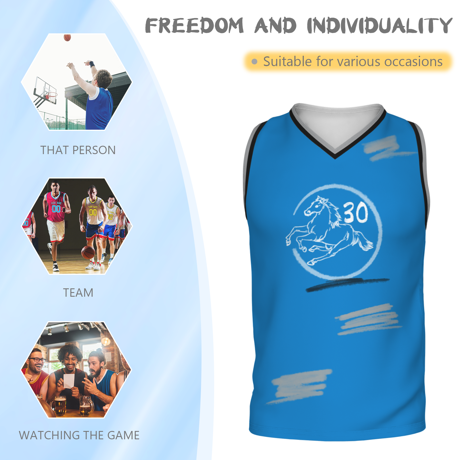 Custom Blue Chinese Painting Horse V-Neck Basketball Jersey