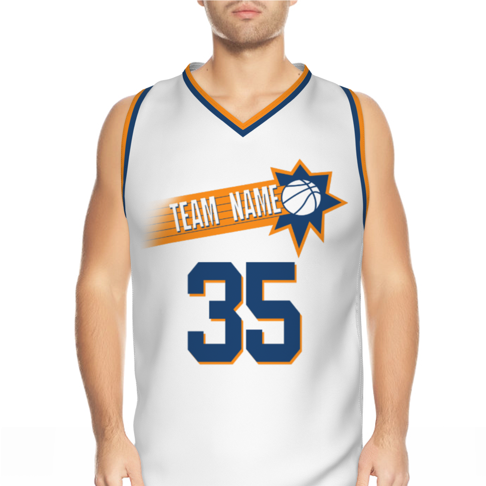 Custom White Dark Blue-Orange Authentic V-Neck Basketball Jersey