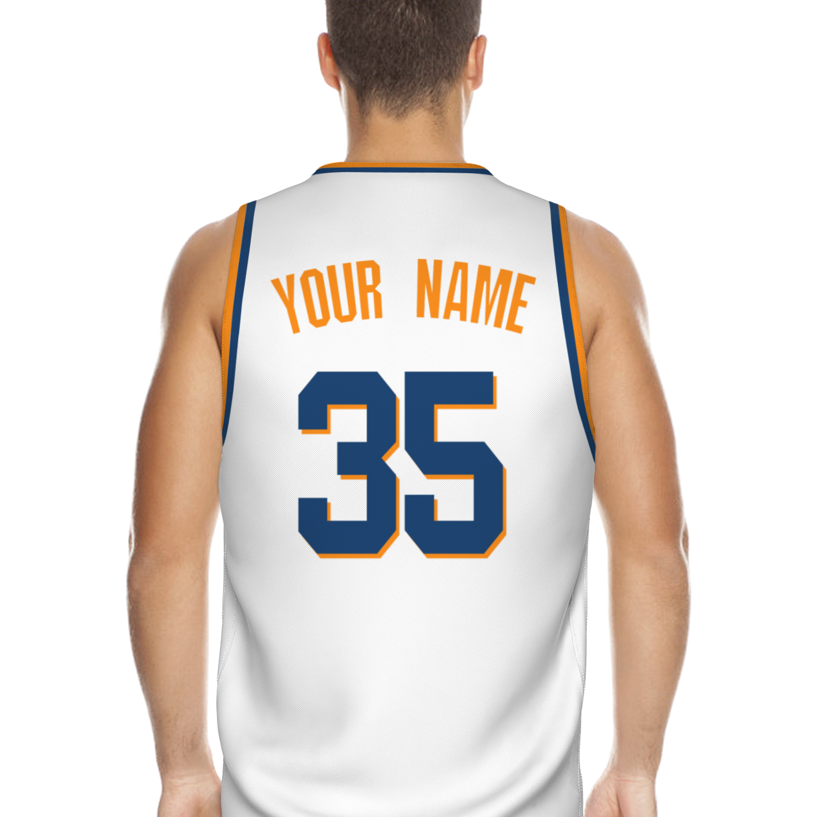 Custom White Dark Blue-Orange Authentic V-Neck Basketball Jersey