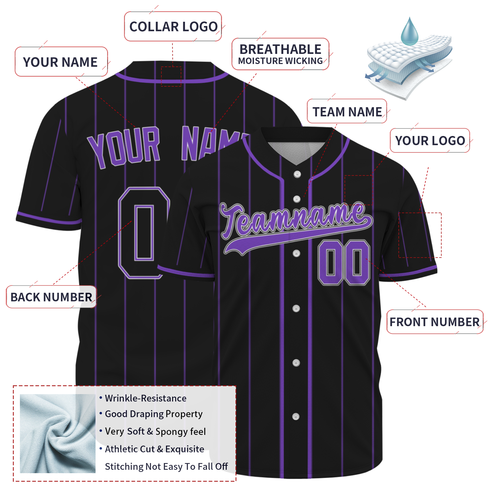 Custom Black Purple Pinstrip Purple-White Authentic Baseball Jersey