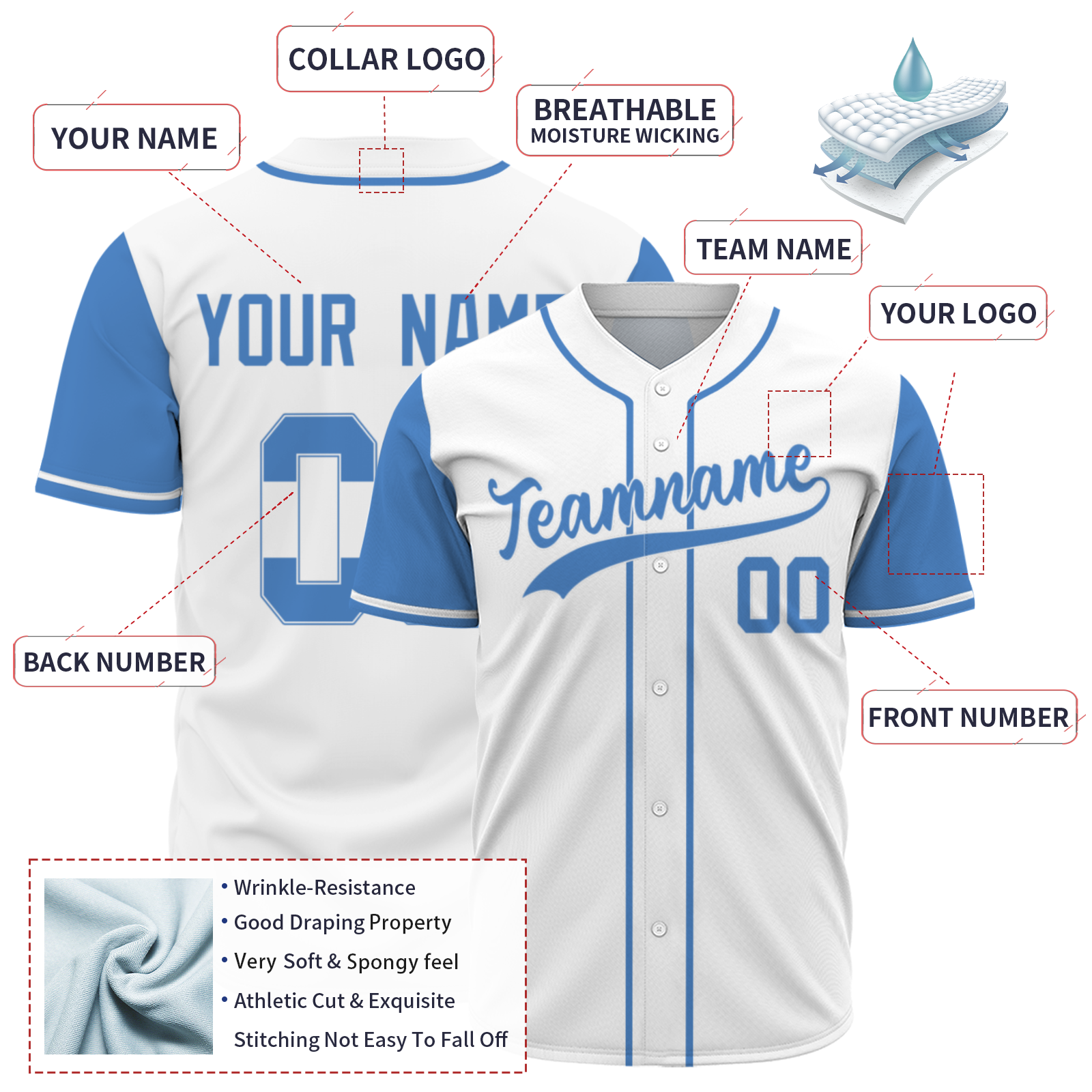 Custom White Sky Blue Authentic Two Tone Baseball Jersey