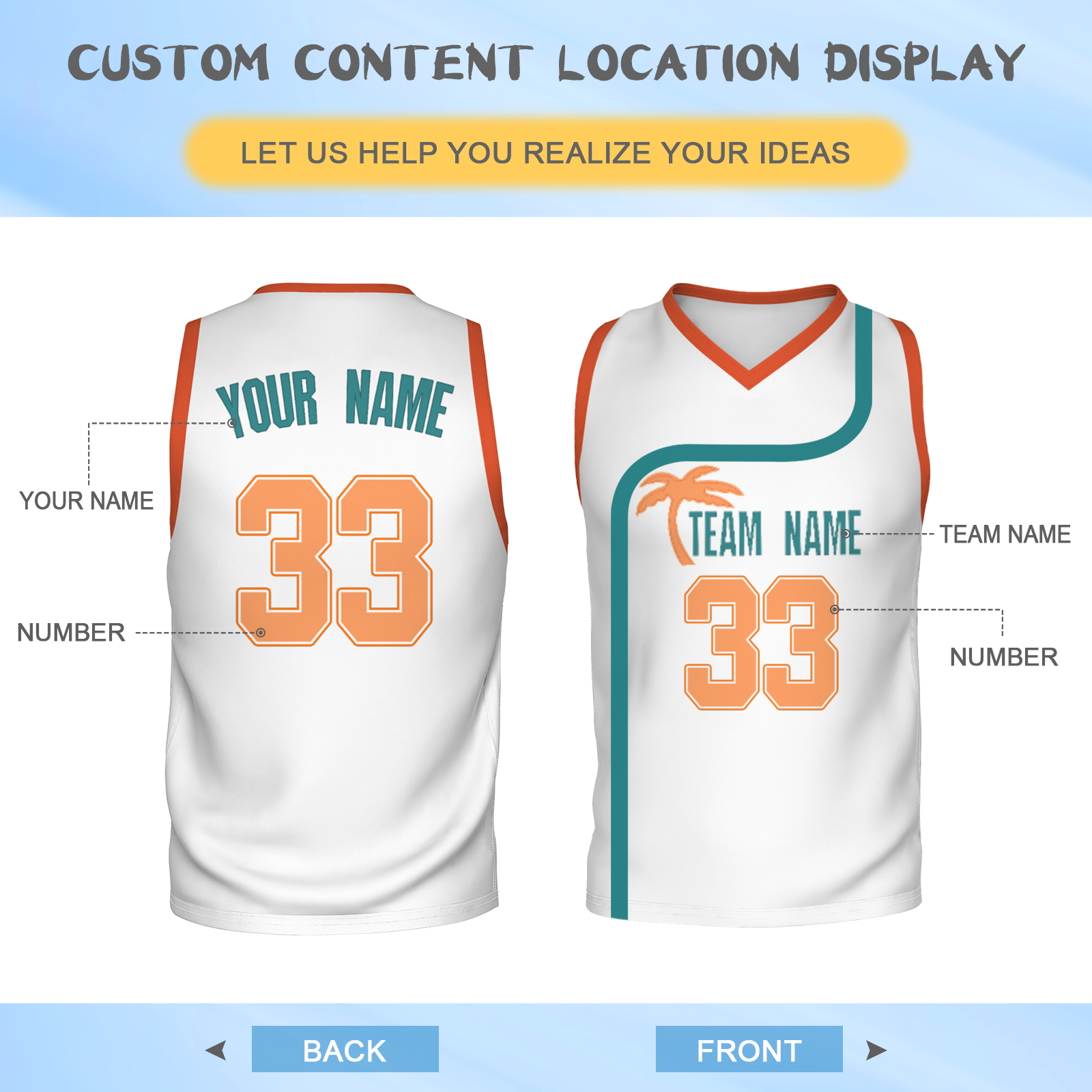 Custom Turquoise White Orange Authentic Coconut Tree Basketball Jersey