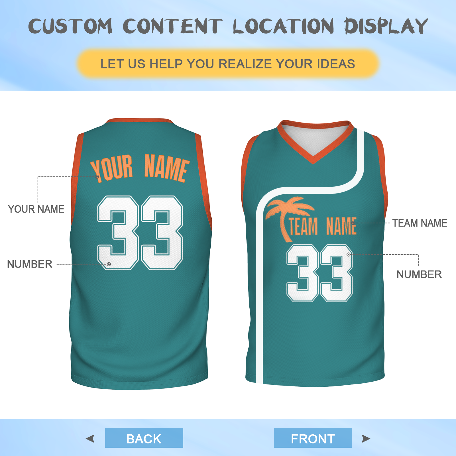 Custom Turquoise White Orange Authentic Coconut Tree Basketball Jersey